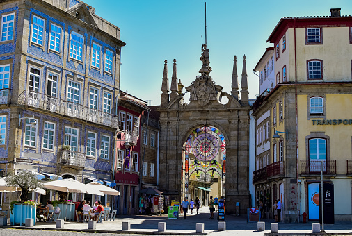 Arch de Porta Nova, in Braga, Portugal on 06/08/2017 decorated in a special way, located in the center of the city of Braga historical building heritage of the city and the bustle of it.