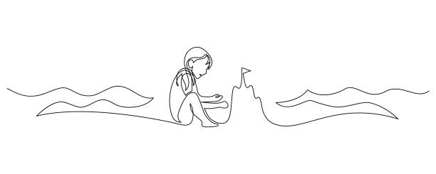 Child building a sand castle on the beach Girl playing on the beach in continuous line art drawing style. Happy time of summer vacation. Black linear sketch isolated on white background. Vector illustration sand clipart stock illustrations