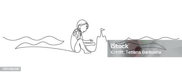 Child Building A Sand Castle On The Beach Stock Illustration - Download Image Now - Line Art, Beach, Child