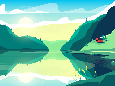 Colorful Vector Illustration Of A Scandinavian Fjord At Sunrise Stock ...