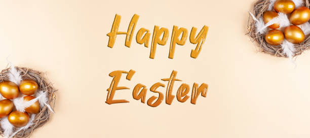 istock Empty space for text, a banner of happy Easter. Painted golden eggs, feathers. copy space flat lay top view nests with eggs, inscription 1304187964
