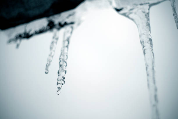 Monochrome image of melting icicles on the roof.