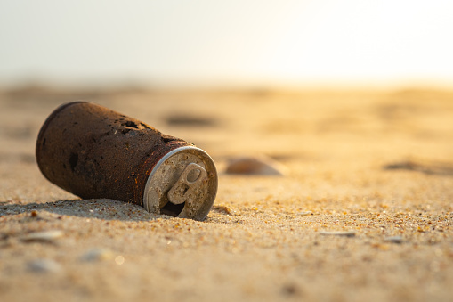 Old rusty can dropped on the sand beach, environmental problems and global warming.