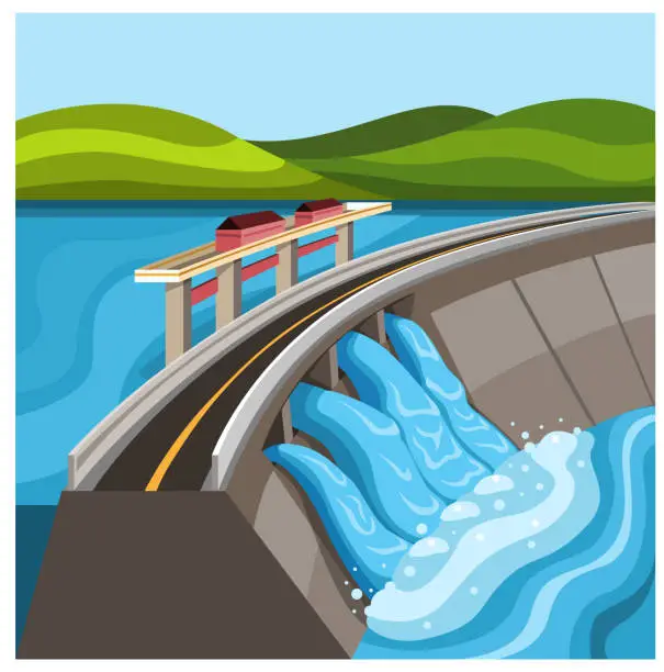 Vector illustration of Hydroelectric station plant water dam Reservoir illustration cartoon vector