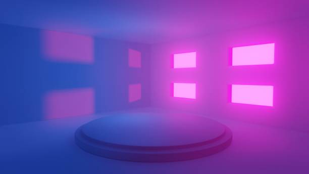 istock Abstract concept, room with light blue and pink tones through the channel with a platform for placing products - 3d render. 1304192061