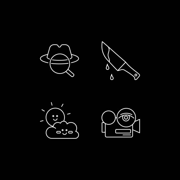 Film genres categories white linear icons set for dark theme Film genres categories white linear icons set for dark theme. Detective movie. Children cartoon. Night mode customizable thin line symbols. Isolated vector outline illustrations. Editable stroke thriller film genre stock illustrations