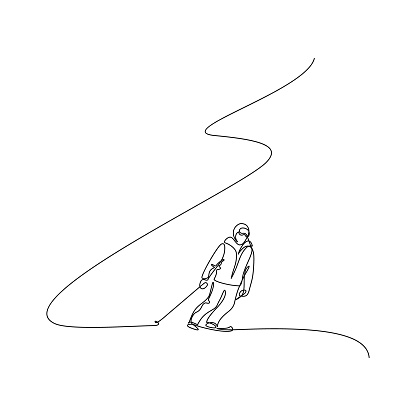 Alpine skier in continuous line art drawing style. Downhill skiing black linear sketch isolated on white background. Vector illustration