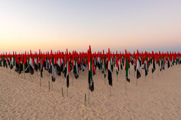 obchody dnia flagi zea z ogrodem flagowym, znajdującym się w kite beach w dubaju. do tworzenia portretów przywódców użyto 4000 flag. - flag of the united arab emirates zdjęcia i obrazy z banku zdjęć
