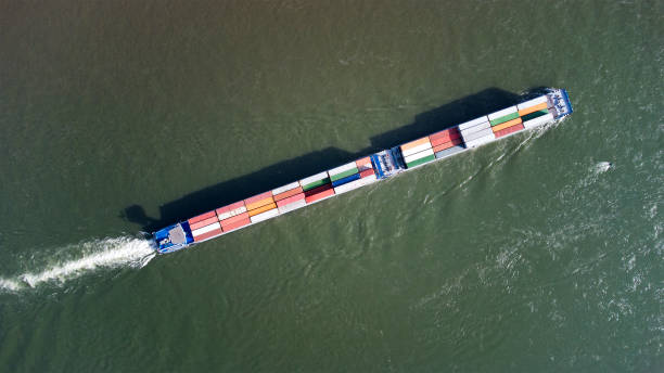 istock Industrial ship on river - aerial view 1304196468
