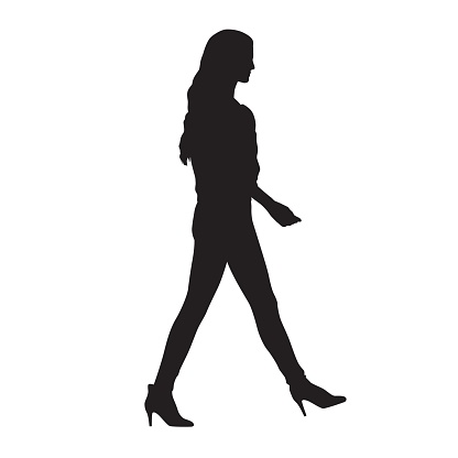 Young woman walking in high heels shoes, isolated  vector silhouette. Side view