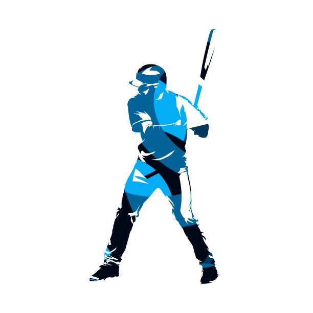 ilustraciones, imágenes clip art, dibujos animados e iconos de stock de bateador de béisbol de pie con bate en sus manos, silueta vector azul abstracta - white background baseball one person action