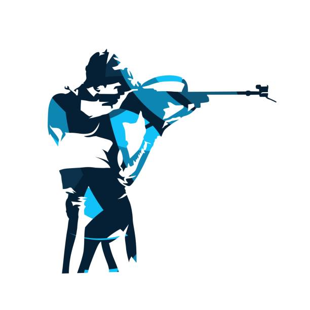 ilustrações de stock, clip art, desenhos animados e ícones de biathlon racer shooting. abstract blue isolated vector silhouette. side view. winter sport - biathlon