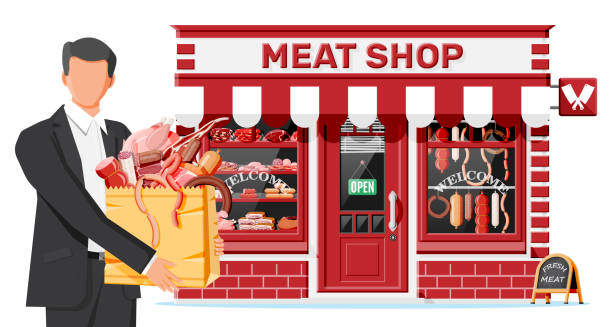 fasada sklepu mięsnego z klientem człowieka. - butchers shop meat sausage store stock illustrations