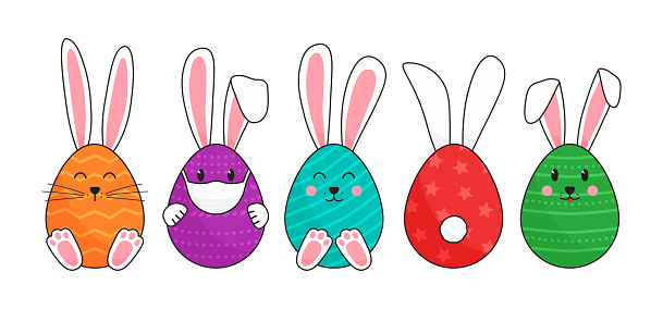 Ilustración de Huevos De Pascua Con Orejas De Conejo Conejos Vectoriales  Protección Contra Coronavirus Huevo Con Máscara Médica Coloridos Personajes  De Dibujos Animados Lindos Ilustración Brillante De Las Vacaciones y más  Vectores