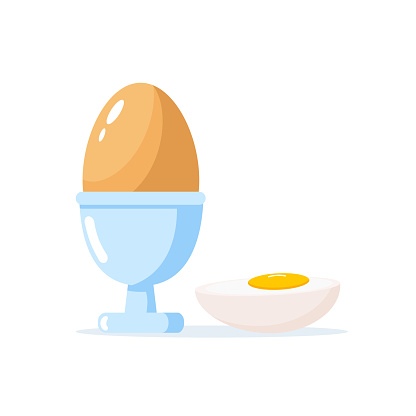 Boiled egg in shell, in stand, and half of boiled egg, isolated on white background. Breakfast. Design element of the menu of cafe or restaurant. Protein food. Healthy eating. Vector illustration