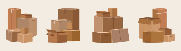 набор изолированных картонных коробок для перемещения - cardboard box box open carton stock illustrations