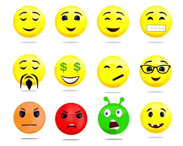 Vector illustration of High quality vector round yellow cartoon bubble emoticons comment social media, chat, comment reaction, template icon face tear, smile, sad, love, like, laugh emoji character messages