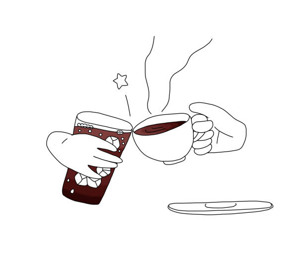 ilustrações de stock, clip art, desenhos animados e ícones de line drawing illustration of hand of soda drinker and coffee drinker at tea time cheers - toast coffee