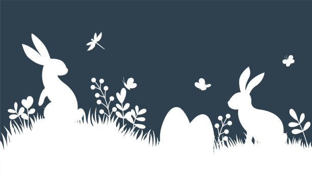 vektor-silhouette kaninchen auf dunklem hintergrund. ostern hintergrund mit hase, eier und schmetterling. - hase stock-grafiken, -clipart, -cartoons und -symbole