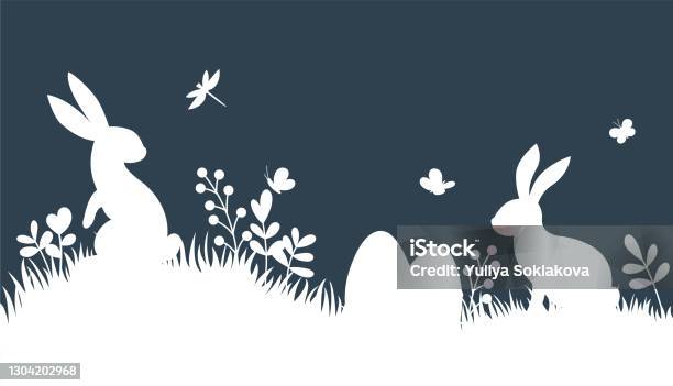 Ilustración de Conejos De Silueta Vectorial Sobre Fondo Oscuro Fondo De Pascua Con Conejo Huevos Y Mariposa y más Vectores Libres de Derechos de Pascua