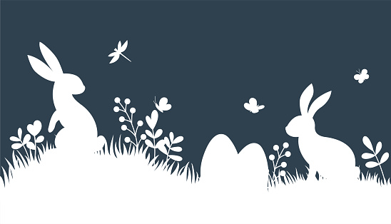 Vector silhouette rabbits on dark background. Easter background with bunny, eggs and butterfly.