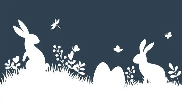 Vector illustration of Vector silhouette rabbits on dark background. Easter background with bunny, eggs and butterfly.