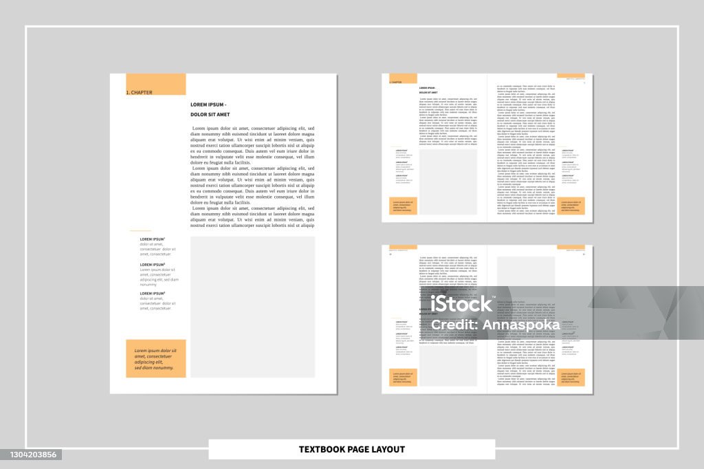a4 text book page layout template. concept of author self publishing. spreadsheet with facing pages, body text, headlines and footnotes for definitions vector illustration Plan - Document stock vector