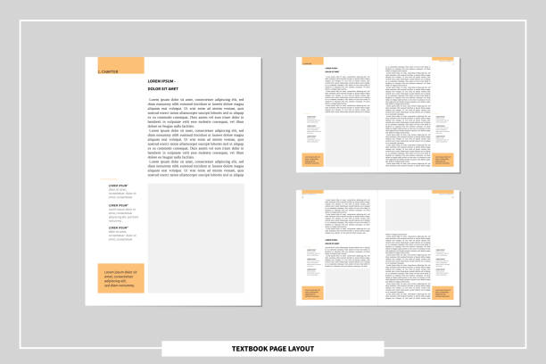 a4 text book page layout template. concept of author self publishing. spreadsheet with facing pages, body text, headlines and footnotes for definitions vector illustration indesign templates stock illustrations