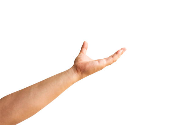 istock Empty Hand showing gesture holding the bottle, a hand holding something like a bottle or smartphone isolated on white background. 1304203978