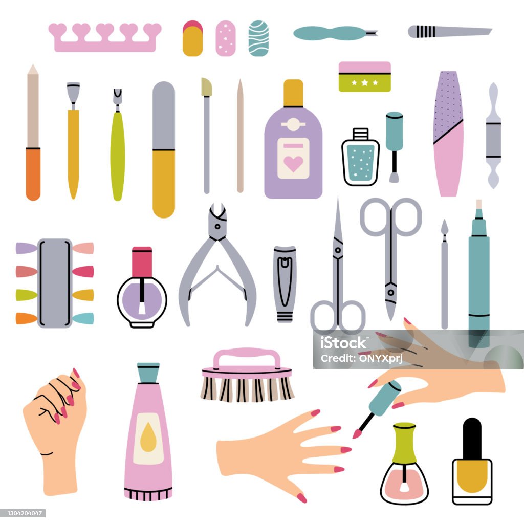 Manicure Salon Items Polish Nails Pedicure Tools In Beauty Salon For Women  Haircut Tweezers Vector Collection Stock Illustration - Download Image Now  - iStock