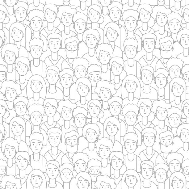 Crowd pattern. People faces seamless texture. Line diverse man woman students vector background Crowd pattern. People faces seamless texture. Line diverse man woman students vector background. Illustration crowd people linear, social face pattern crowd of people drawings stock illustrations