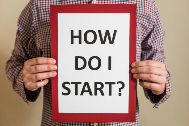 istock Man holding paper with text how do I start 1304205491