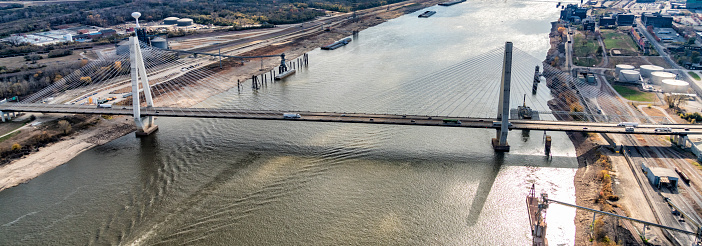Aerial view of the Stan Musial Veterans Memorial Bridge crossing the Mississippi River in St. Louis.