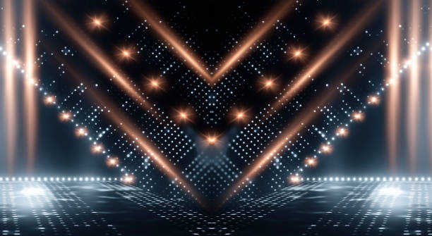 istock Abstract modern dark background with rays and lines golden light. Empty scene with geometric patterns. Neon light. 3D Render 1304211082