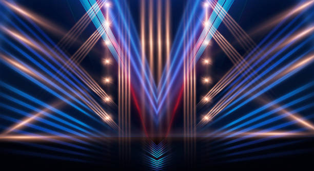 istock Abstract modern dark background with rays and lines golden light. Empty scene with geometric patterns. Neon light. 3D Render 1304211117