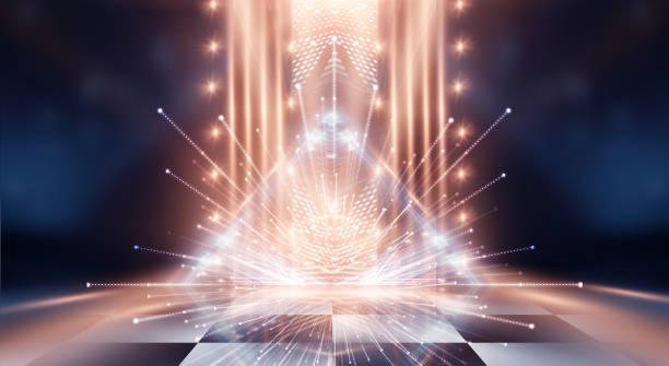 istock Abstract modern dark background with rays and lines golden light. Empty scene with geometric patterns. Neon light. 3D Render 1304211195