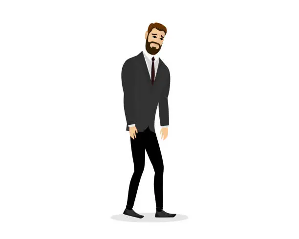 Vector illustration of Businessman professional burnout syndrome. Exhausted sick tired male manager walking. Sad boring man. Frustrated worker mental health problems. Vector long work day eps illustration