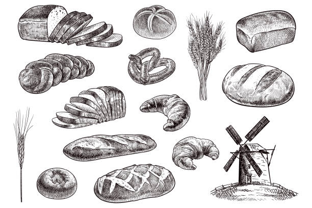 Vector drawing of bakery products Old style illustration of bakery related items engrave stock illustrations