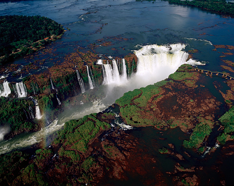 Iguazu, Argentina, November 18, 2019: View of the Iguazu Falls, the largest waterfall in the world. They are located on the Iguaçu River on the border between Argentina and Brazil.