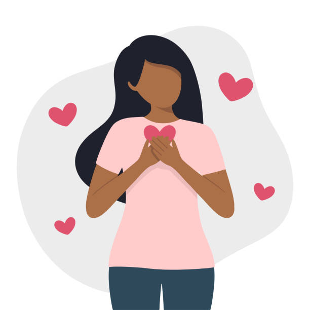 ilustrações de stock, clip art, desenhos animados e ícones de self love concept flat vector illustration. black woman standing and love herself with abstract background and heart shaped elements around. - self love