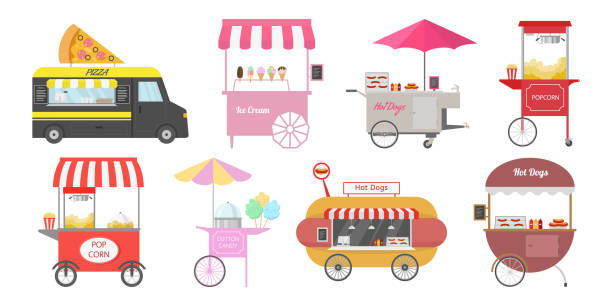 Set of different street food carts. Set of different street food carts. Vector illustration. concession stand stock illustrations