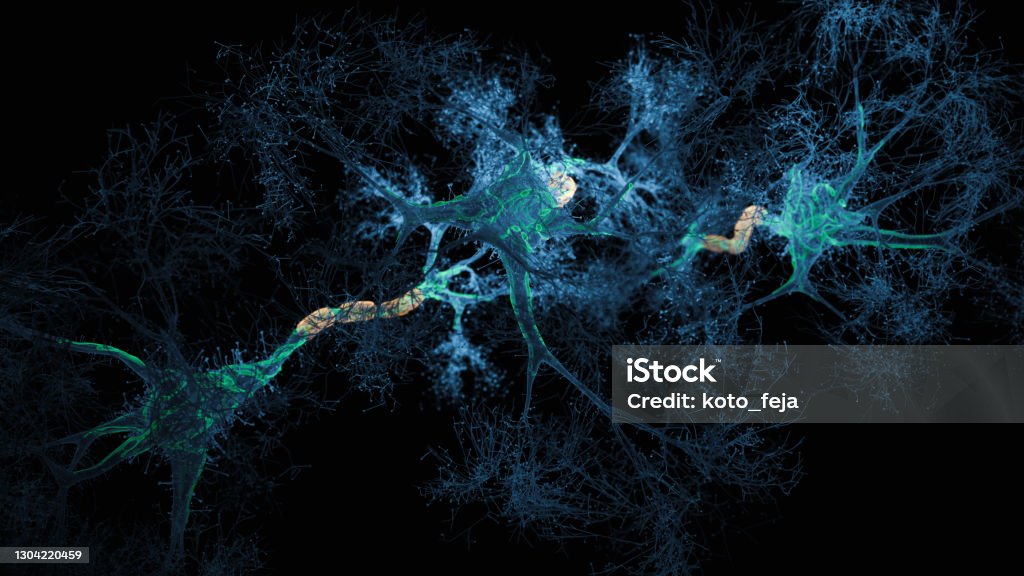 Neuron system hologram Neuron system hologram - 3d rendered image of Neuron cell network on black background. Hologram view  interconnected neurons cells with electrical pulses. Conceptual medical image.  Glowing synapse.  Healthcare concept. Nerve Cell Stock Photo