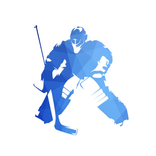 eishockey-goalie, abstrakte blaue geometrische vektor-silhouette - ball halten stock-grafiken, -clipart, -cartoons und -symbole