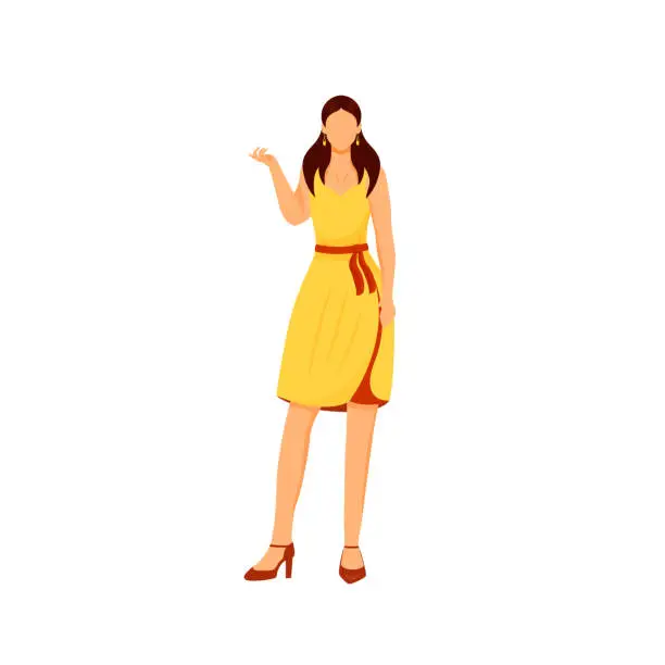 Vector illustration of Fashionable girl flat color vector faceless character. Woman in party dress. Elegant outfit for event. Vogue female apparel. Model posing in trendy apparel. Glamour isolated cartoon illustration