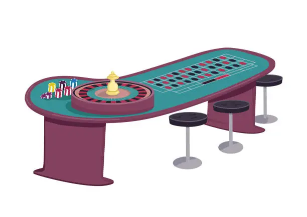 Vector illustration of Casino cartoon vector illustration. Roulette table with empty seats around flat color object. Spin wheel and make bet. Put stack of chips on black spot. Gamble game desk isolated on white background