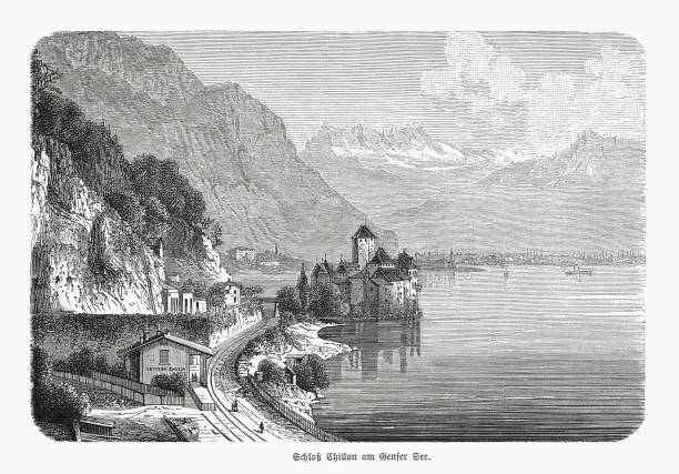 Historical view of Chillon Castle, Lake Geneva, Switzerland, woodcut, 1893 Historical view of Chillon Castle - island castle located on Lake Geneva, south of Veytaux in the canton of Vaud. It is amongst the most visited castles in Switzerland and Europe. Wood engraving, published in 1893. chateau de chillon stock illustrations