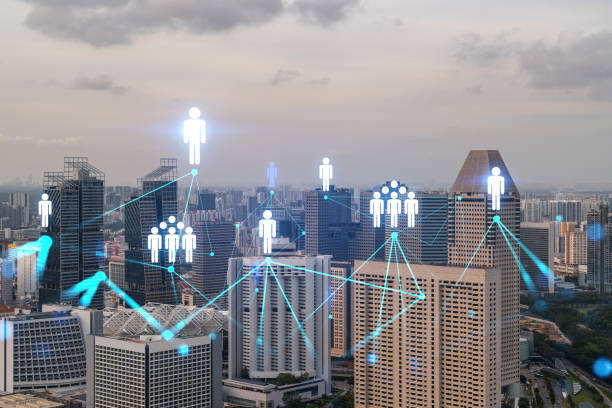 hologramm der social-media-ikonen bei sonnenuntergang panorama-stadtbild von singapur, asien. das konzept der menschenverbindungen. multi-exposition - multidirectional stock-fotos und bilder