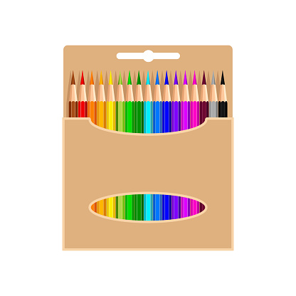 Box of colored pencils, isolated on white background. Colored pencils in cardboard box. Art supplies, stationery for school, office, home. Cute vector illustration in cartoon style