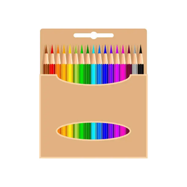 Vector illustration of Box of colored pencils, isolated on white background