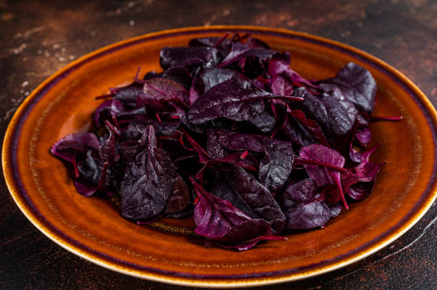 rubi cru ou salada de acelga vermelha folhas em um prato rústico. fundo escuro. vista superior - ruby red chard - fotografias e filmes do acervo